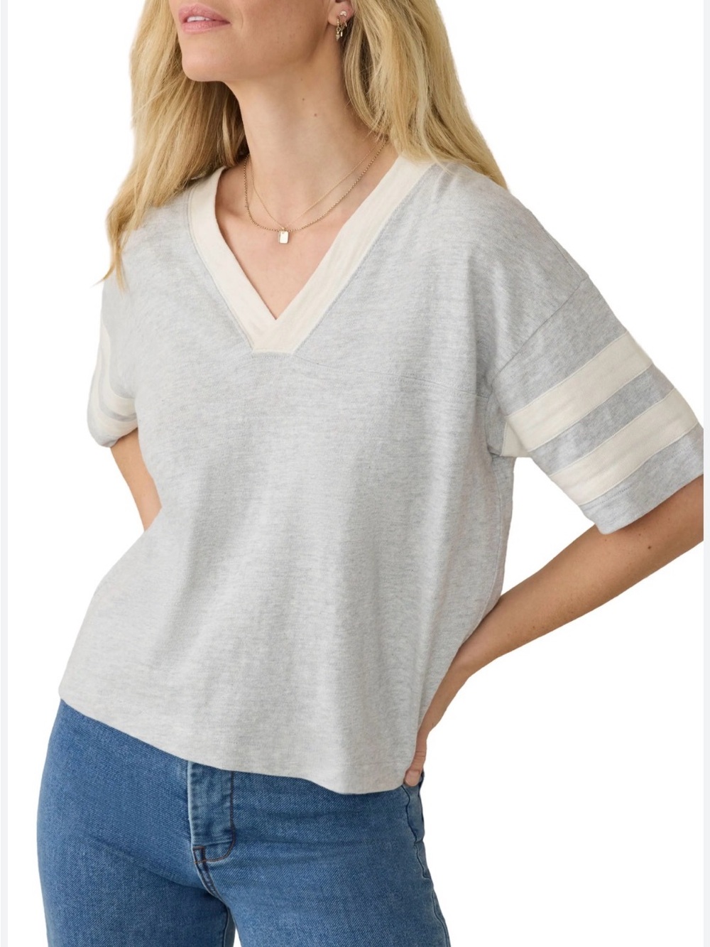 Faherty Light Heather Gray V-Neck Tee with Cream Trim